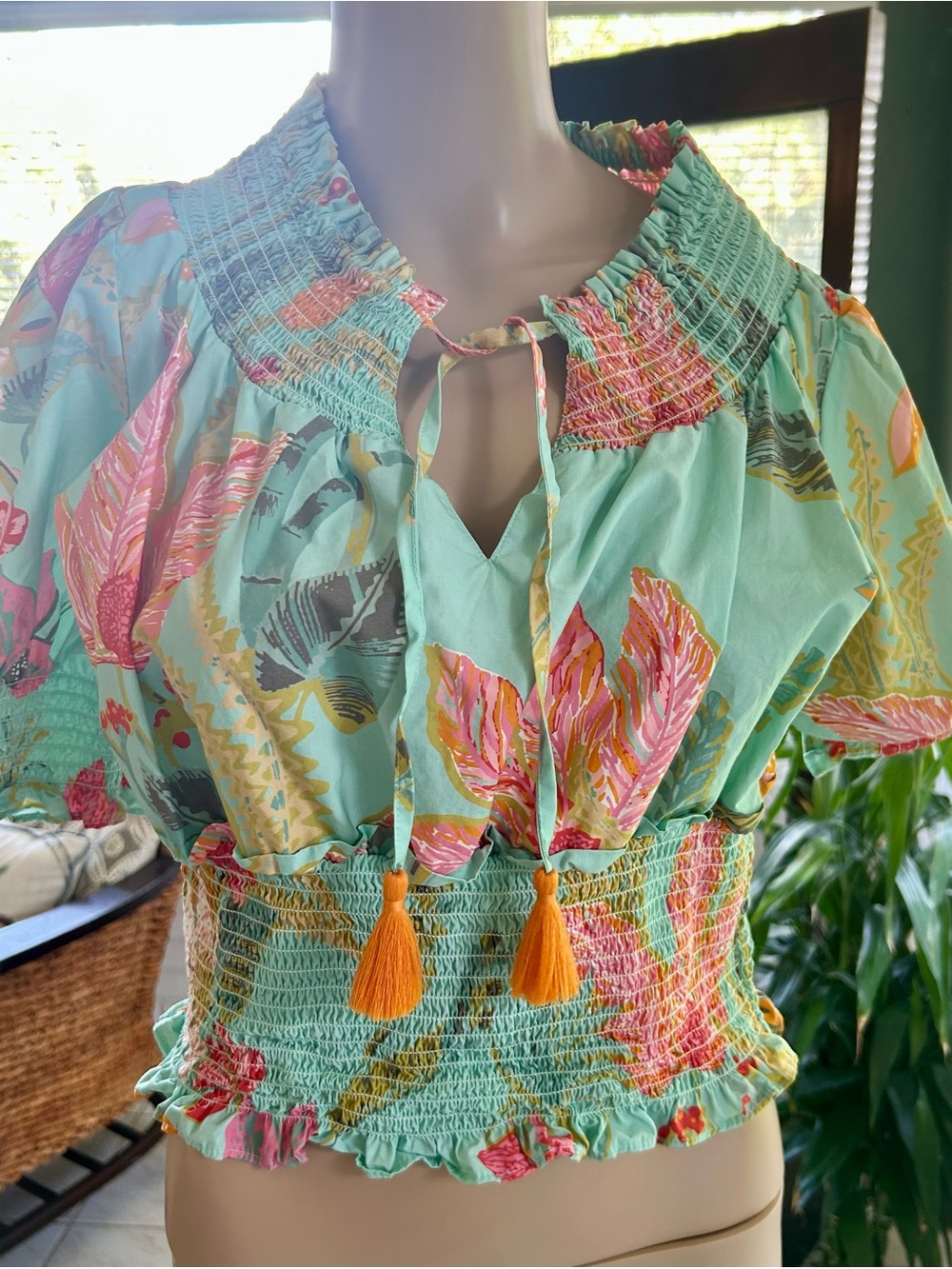 Spartina 449 Mint Tropical Smocked Crop Top with Orange Tassels
